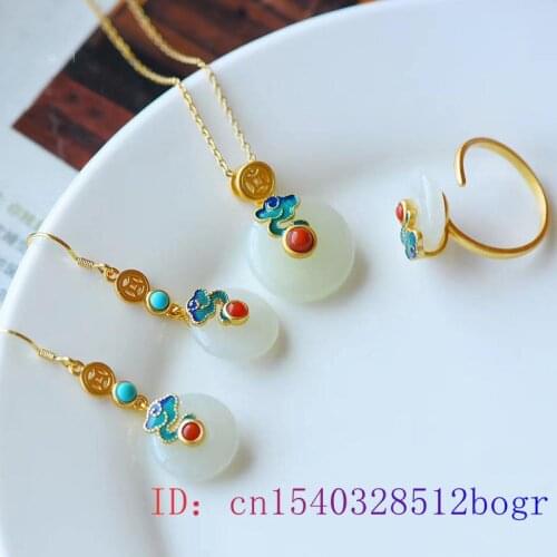 White Jade Pendant Necklace Ring Natural Amulet Gifts Women Fashion Chalcedony 925 Silver for Jewelry