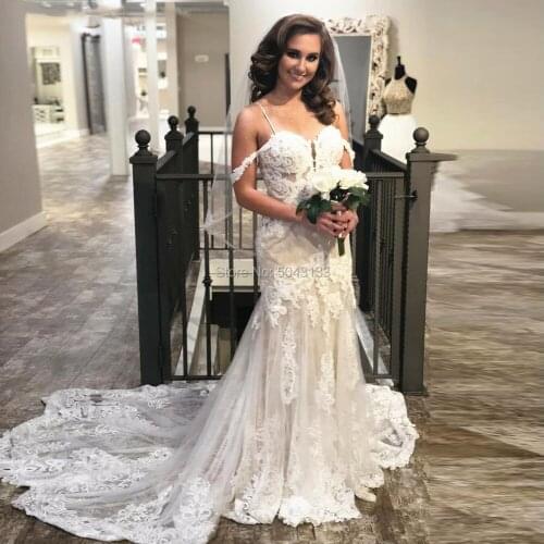 Lace Mermaid Wedding Dresses robe de mariee Spaghetti Straps Off Shoulder Champagne Bridal Gowns Ivory Applique Bride Dress 2020