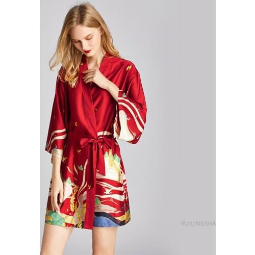 Summer Sexy Silk Satin Bathrobe Plus Size Kimono Bride Dressing Gown Floral Print Long Bath Robe For Bridesmaid Bathrobes