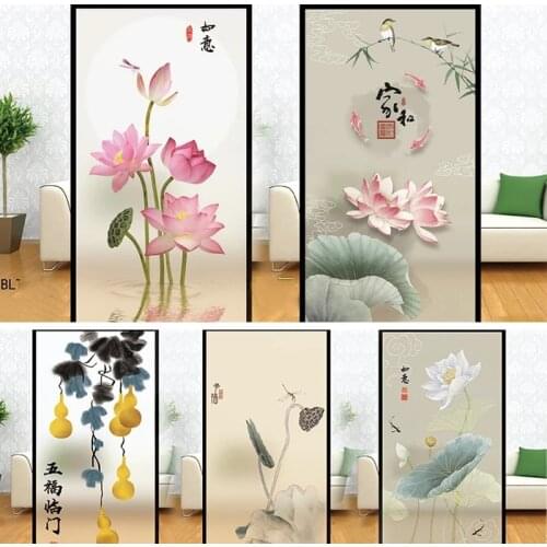 Lotus Self-adhesive Stickers Chinese Landscape Static Sticker Home Office Frosted Films Decorative Window Glass Stickers