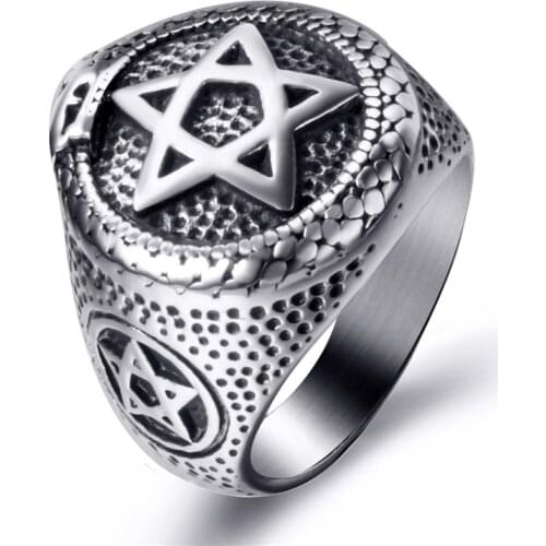 Men Stainless Steel Rings Ouroboros Snake Serpent Eating Tail Pentagram Masonic Ring