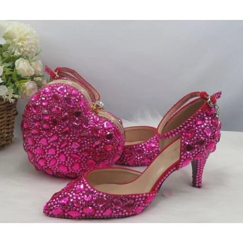 New Crystal Fucshia Pink Bridal Wedding Shoes Summer Sandals Womens Party Dress And Bag Set Pointed Toe Rhinestone Handbag 7cm