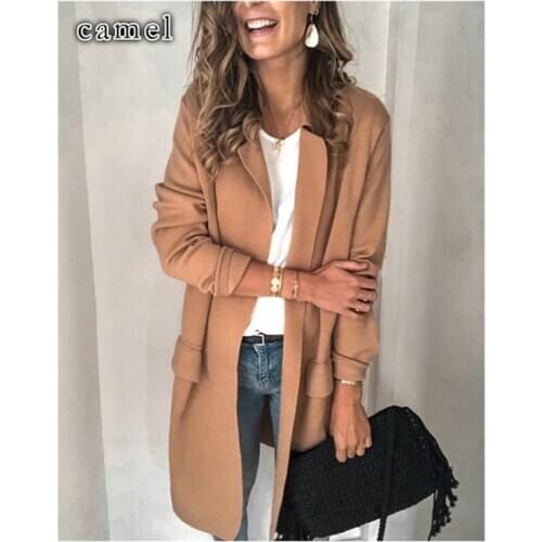 Autumn Women Pure Color Coat Long Sleeve Fashion Office Lady Elegant Wear Lapel Fake Pocket Suit Jacket Open Front Blazer