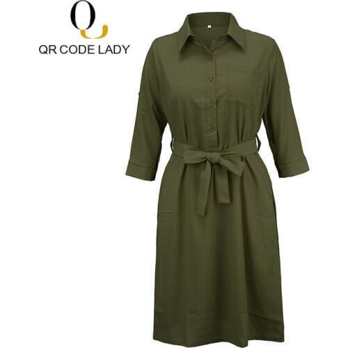 QR Solid Large Long Summer Dress Women 2019 Casual Work Office Shirt Dress Female Elegant Solid Slim Dresses With Belt vestidos