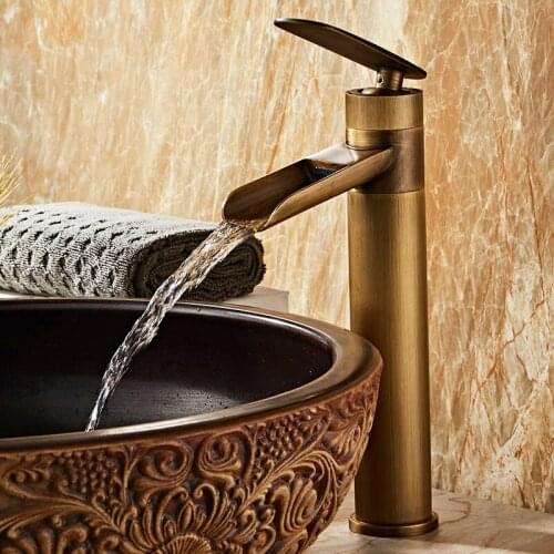 Bathroom Basin Faucets Antique Solid Brass Sink Mixer Tap Hot & Cold Water DeckMounted Waterfall Crane Vessel Black White