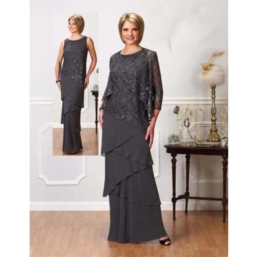 Dark Grey Elegant Mother Of The Bride Suits Sparkly Sequins Sheath Chiffon Tiered Skirts With Jacket for Weddings Mothers Dress