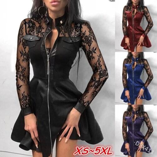 Zipper Pockets PU Leather Women Sexy Lace Mesh Sleeve Patchwork Party Dress Winter Elegant Stand Neck Button Mini Dresses
