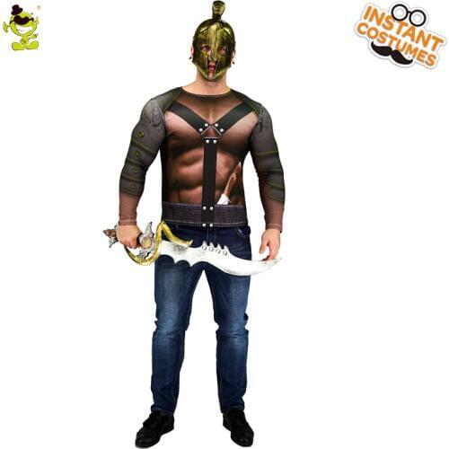Adult Mens 3D Digital Printing T-Shirt Gladiator Roman Long Sleeve T-shirt Fancy Dress For Party Role Play Gladiator Costumes