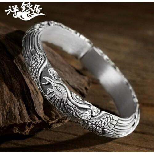 ★Xiangyinju s999 hand carved peony flower silver bracelet Phoenix wear peony pure silver bracelet original Retro