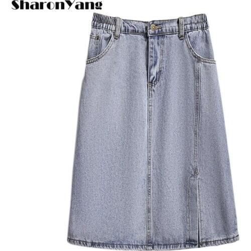 Denim Skirt Women Casual Elastic High Waist A-Line Jeans Skirt Side Split for Women Plus Size 4XL 5XL 6XL 65-150Kg Mom Skirts