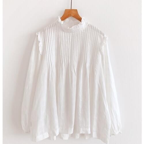 2020 New autumn Women Blouse Korea Style Organ Pleats Tops Loose White Stand Collar Long Sleeve Shirt Women
