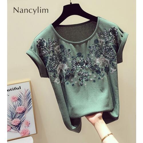 2021 Summer Embroidered Tshirt Women New Korean Round Collar Short-Sleeved Shirt Casual Lady Tops Femme