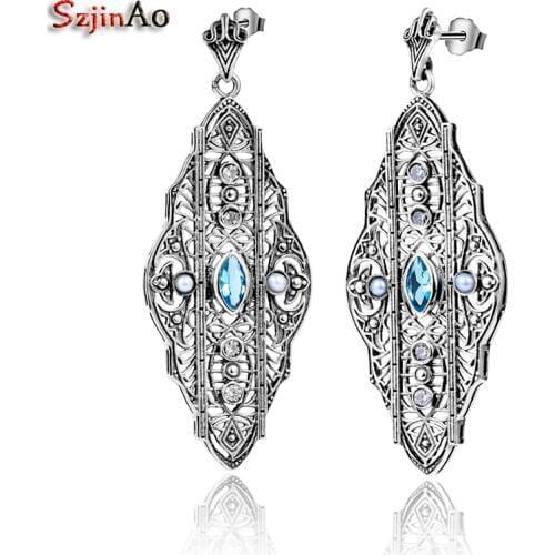 Szjinao Pearl Aquamarine Earrings Aquamarine Genuine 925 Sterling Silver Earrings for Women Punk Vintage Fine Jewelry Wholesale