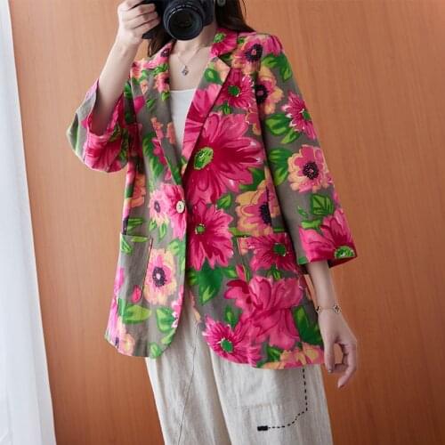 #5221 Cotton Linen Vintage Blazer Women Floral Printed Women Blazers And Jackets Single Buttons Short Blazer Female Loose Thin
