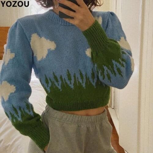 Harajuku winter autumn vintage chic ins hot Blue sky and white clouds pattern loose o-neck Lantern Sleeve sweater for female