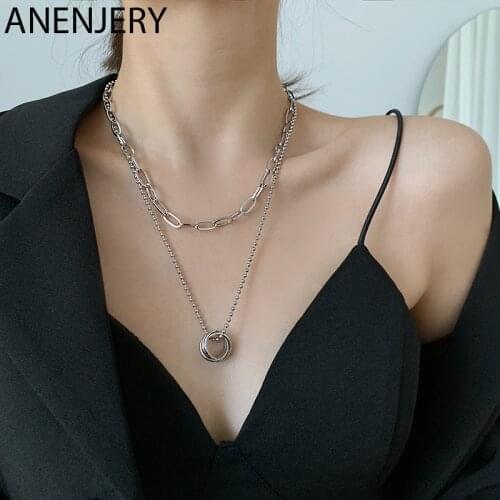 ANENJERY 925 Sterling Silver Double Layer Circle Necklace for Women Men Geometric Handmade Hip Hop Jewelry S-N213