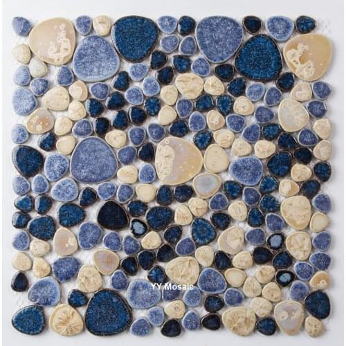 Star Blue Beige Glazed Pebble Ceramic Mosaic Tile, Kitchen Backsplash Shower showroom Swimming Pool Wall/Floor brick tile