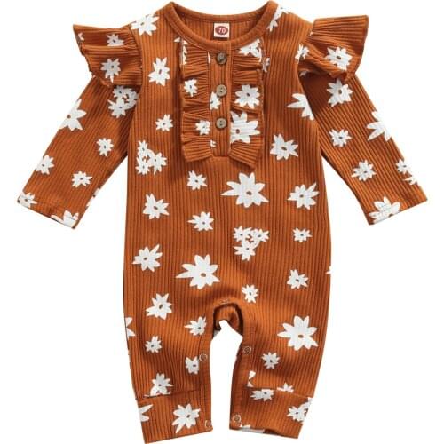 Newborn Baby Girl Clothes Flower Print Long Sleeve Jumpsuit Knitted Cotton Button Round Neck Long Romper 0-18M Kids Clothing