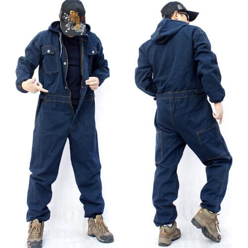 Mens Tooling Jumpsuit Long Sleeve Multi-Pocket Hooded Loose Large Size Denim Workwear Dark Blue Bodysuit More Sizes M-4XL