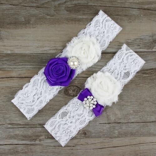 2pcs/Lot Elegant Wedding Garters Set Pearl Beaded Bridal Toss Garter Keep Garter Lace Ivory Flowers Purple Satin Decoration
