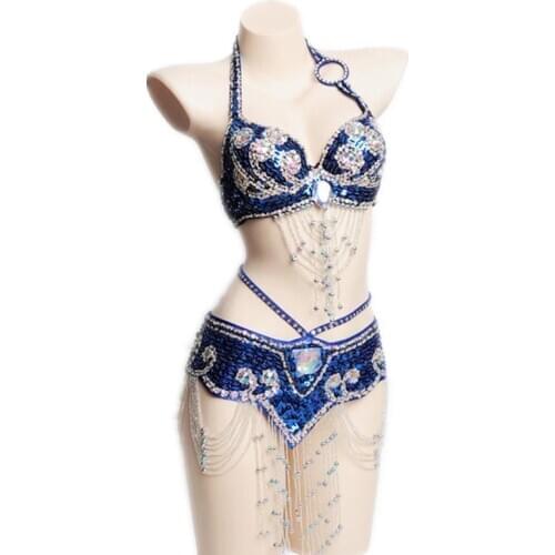 Oriental Dance Costume 2 Pcs Sequins Bellydance Bra Belt For Women Performance Clothing