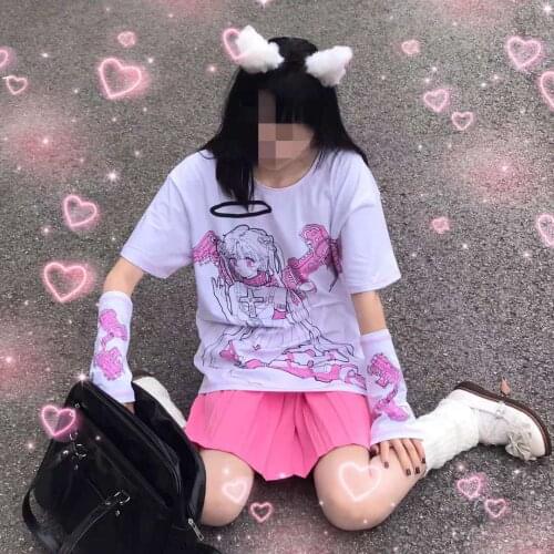 Summer Angel Print Tops Y2K Japanese Harajuku Cute Mechanical Girls Chic Vintage Casual Loose INS Fun Short Sleeve Women T-Shirt
