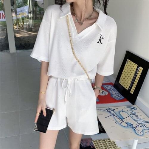 Alien Kitty 2021 Summer Women Suit White Peter Pan Collar Short-Sleeved Shirt All-Match Casual Shorts Sports Two-Piece Suit