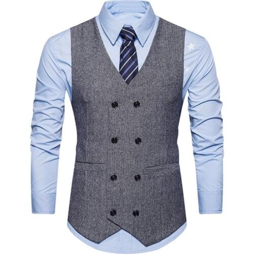80% Hot Sales!! Vintage Men Sleeveless Double-breast Herringbone Twill Waistcoat Business Vest