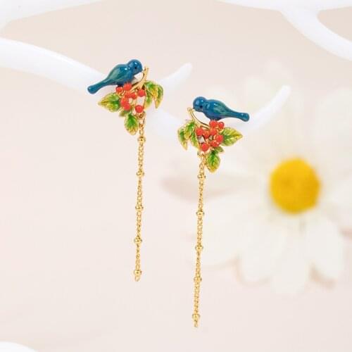 Cute Elegant Blue Bird Red Fruits Drop Earrings For Women French Fashon Accessories Good Gift