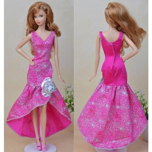 Fashion Pink One Piece Long Evening Party Grow Dress For Barbie Dolls Vestidos Dancing Dress For 1/6 BJD Dolls Accessories Toys