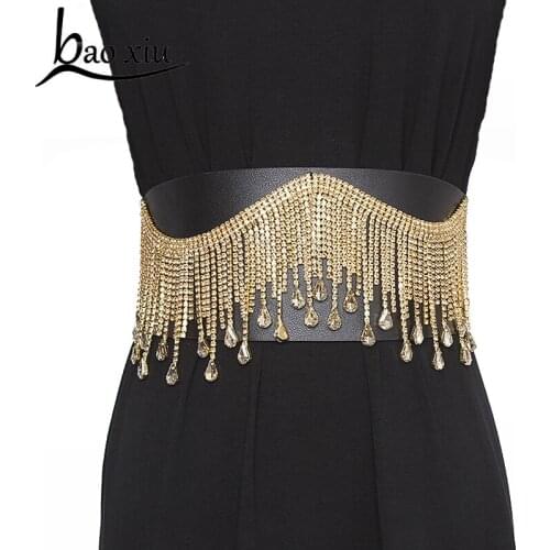 New Brand Luxury Baoxiu Faux Leather Wide Belt Tassel Rhinestone Lady Elastic Silver Girdle Dress Belt Female Straps Accessory
