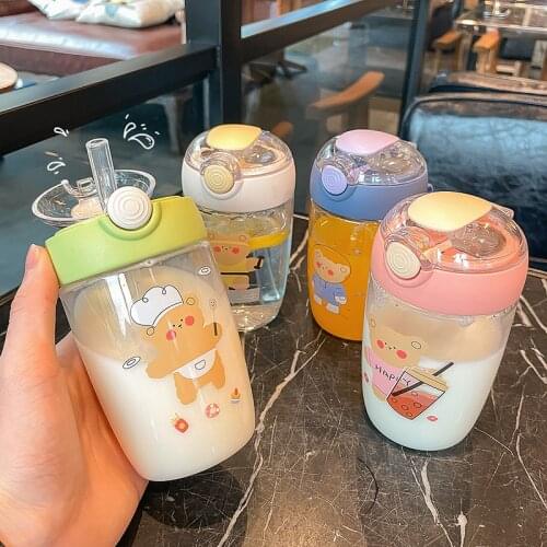 Cartoon Cute Bear Plastic Water Bottles Portable Mini Kids Water Bottle With Straw For Girls Leakproof Student Drinking Cup