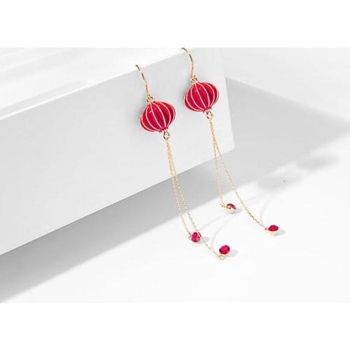 Red Lantern Tassel Earring For Women Simple Elegant Chinese Style Cute Long Drop Ears Jewelry Accessories Good Gift