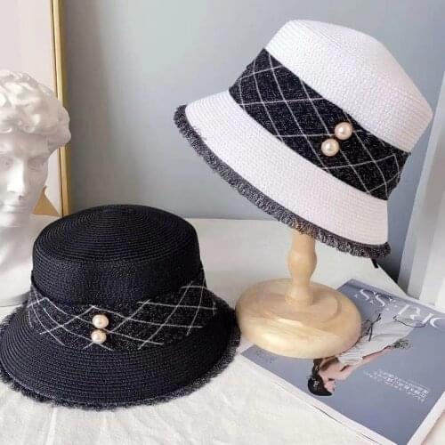 2021 New Summer Outdoor Sunscreen Sunshade Sun Hat Female Diamond Check Ribbon Straw Hat Casual Fashion Bucket Bape Fishing Hat