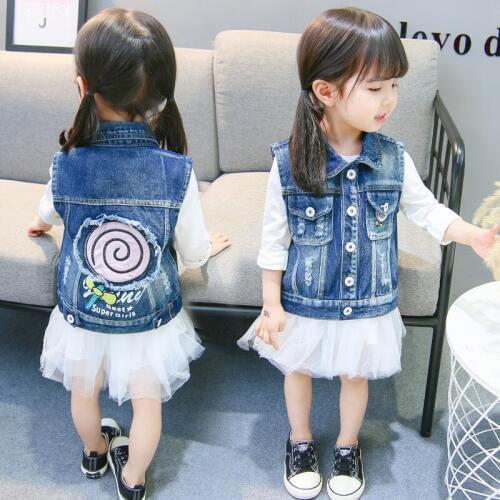 Spring Autumn Casual Girls Waistcoat Cartoon Printed Kids Denim Vests Wash Distressed Hole Girls Cowboy Sleeveless Jacket 4-9T