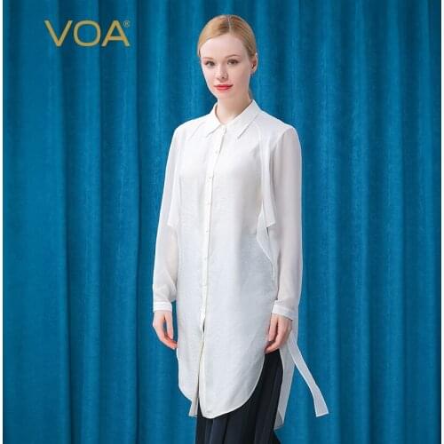 VOA Silk Jacquard Straight Tube Loose POLO Collar White Blouse Bump Georgette Stitching Refreshing Long Sleeve Shirt BE515