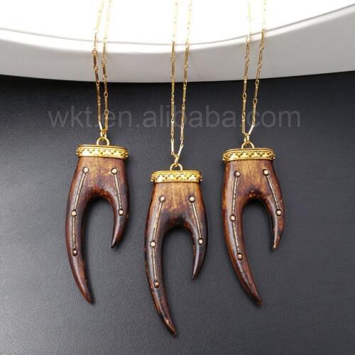 WT-N840 Hot sales Natural resin claw design horn necklace, 24k gold color nontarnishable chain horn necklace 80mm long