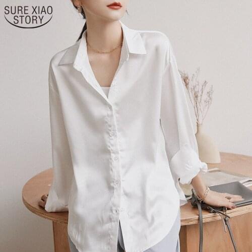 2021 Spring Autumn Satin Silk Singel Breasted Blouse Women Korean Fashion Tops New Long Sleeve Solid Color Womens Shirts 11425