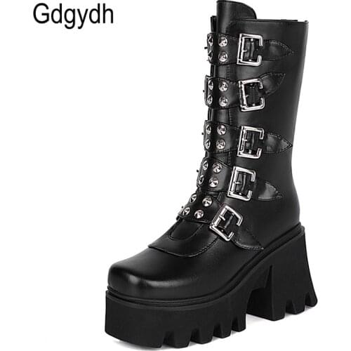 Gdgydh Autumn Winter Gothic Punk Womens Platform Boots Black Blet Buckle Strap Creepers Platform Shoes With Zipper Military Boot