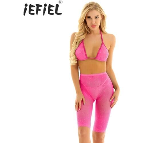 IEFiEL Womens Fishnet Sheer Bikinis Set Hollow Out Lingerie Transparent Diamond Bra Top with Shorts Swimwear Swimsuit Summer