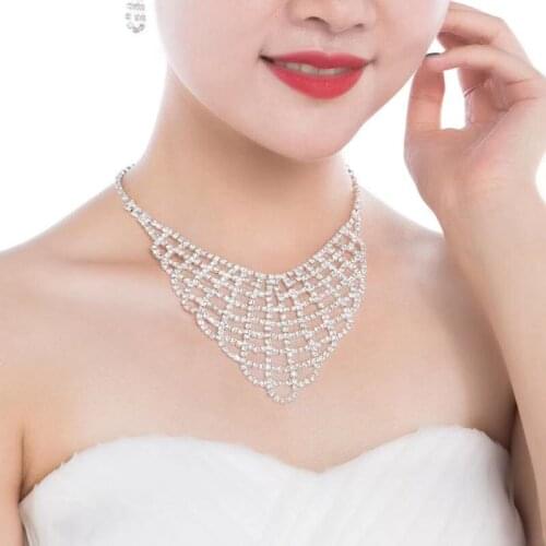 Rhinestone net Wedding Necklace Long Earring Set charm transparent crystal party bride jewelry set female decoration