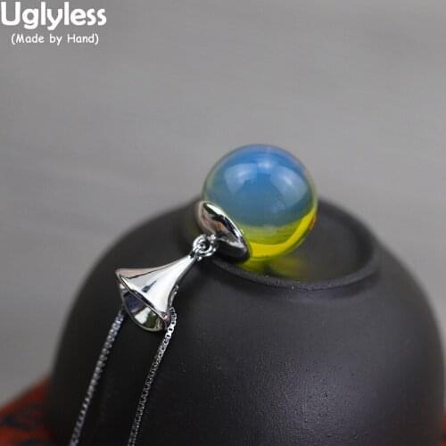 Uglyless Simple Fashion Gemstone Balls Pendants for Women Nature Gradient Amber Pendant Necklace NO Chain 925 Silver Bijoux P972