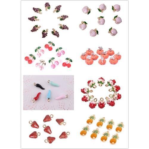 10pcs/Set Pineapple / Strawberry / Grape / Peach / Cherry / Pumpkin / Pepper Charm Enamel Charm For DIY Jewelry Making