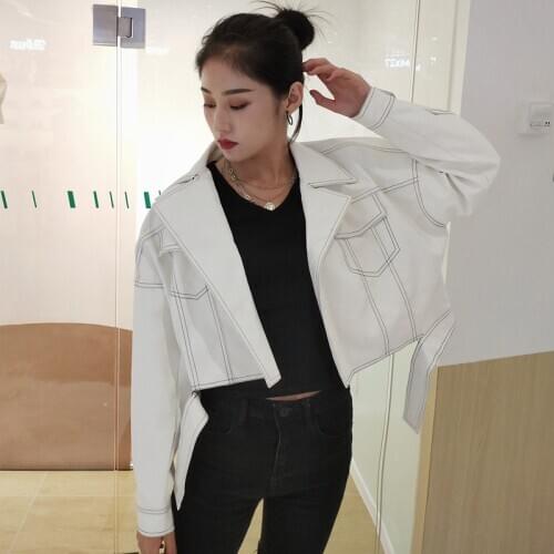 2020 Spring autumn Korean white loose PU leather jackets moto biker turn down collar faux leather coats A249