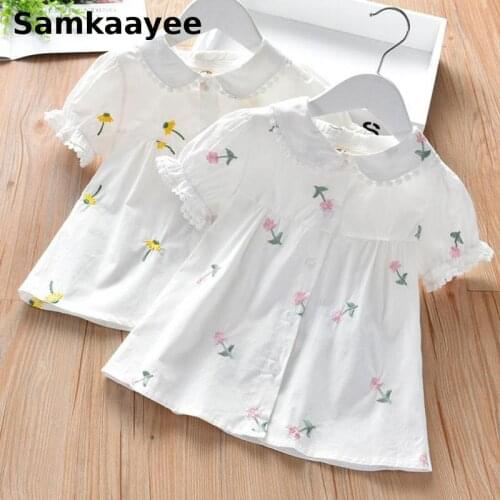 4-11y Children Shirts Summer Kids Girls Cotton Blouses Short-Sleeved Clothes Floral Turn-Down Collar Embroidered Tops Clothing 2