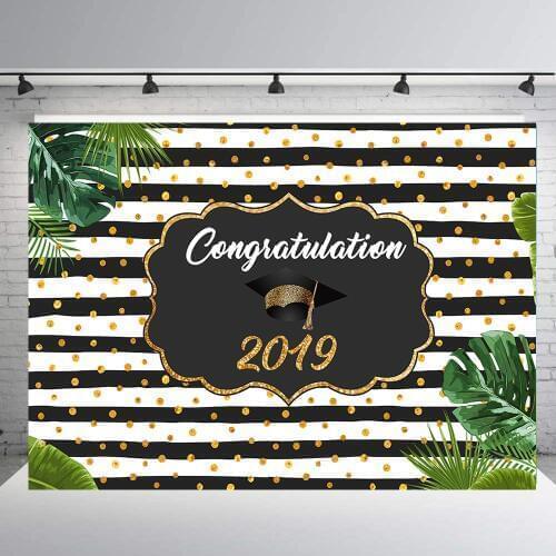 Congrats Grad Class of 2019 Graduation Party Backdrop Black stripes golden Photography Background Decors Cake Table BannerB-394
