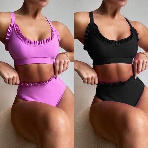 Purple BLACK High Waist ruffles Swimsuits Women Push Up Swimwear Bathing Suit Biquini Brazilian Bikini 2021 New Beachwear