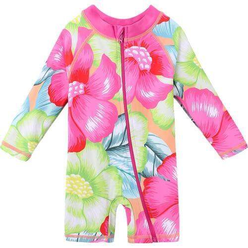 BAOHULU Cute Baby Infant Girl Swimwear UPF50+ Floral Long Sleeve Toddler Bathing Suits One Piece Swimsuit Rash Guards for Kids