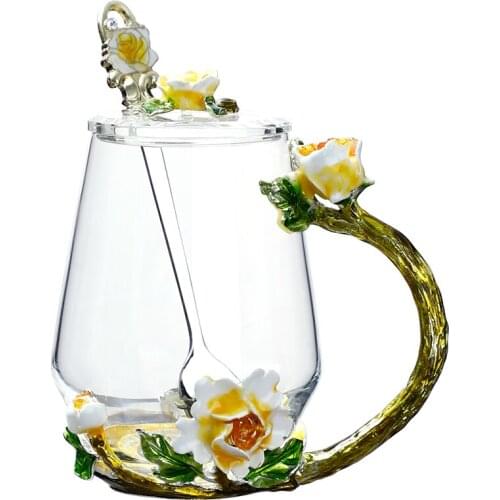 European aristocratic style Enamel Glass mug Tea Cup Coffee Mug Yellow flowers Painted Flower Water Cups Clear Glass mugs