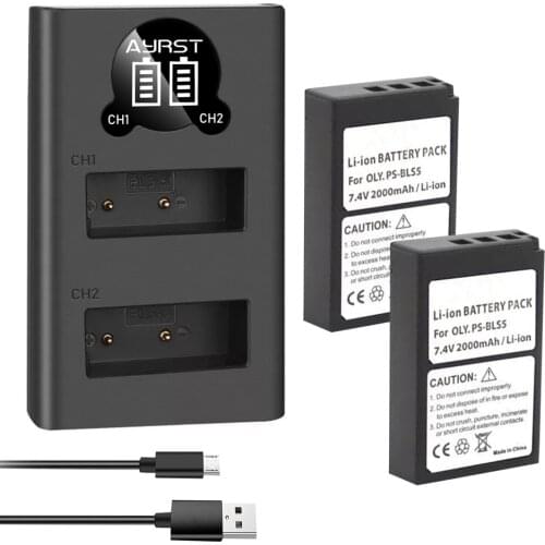 BLS-5, BLS-50 Batteries and LED Dual USB Charger Compatible with Olympus BLS5, BLS50, PS BLS5, OM-D E-M10, Pen E-PL2, E-PL5